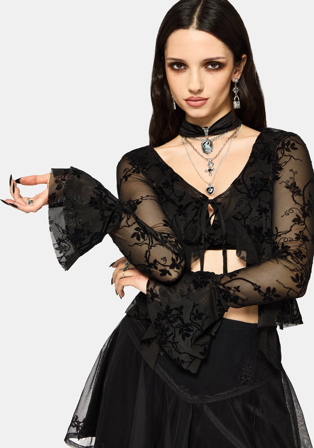 Saski Dorn Flockdruck Mesh Krawatte Vorderseite Top