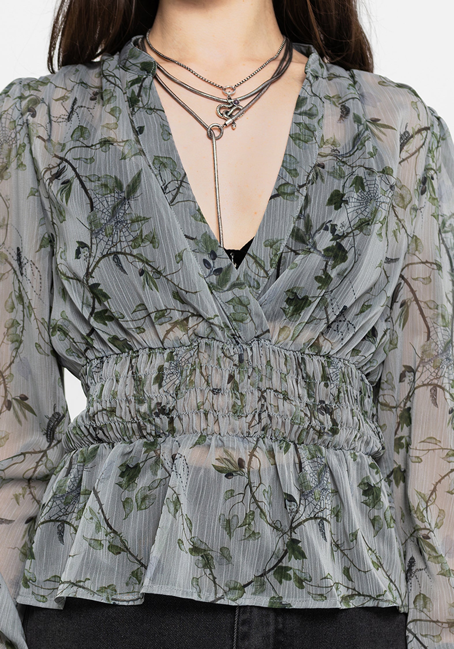 Rootweave Printed Chiffon Shirred Blouse
