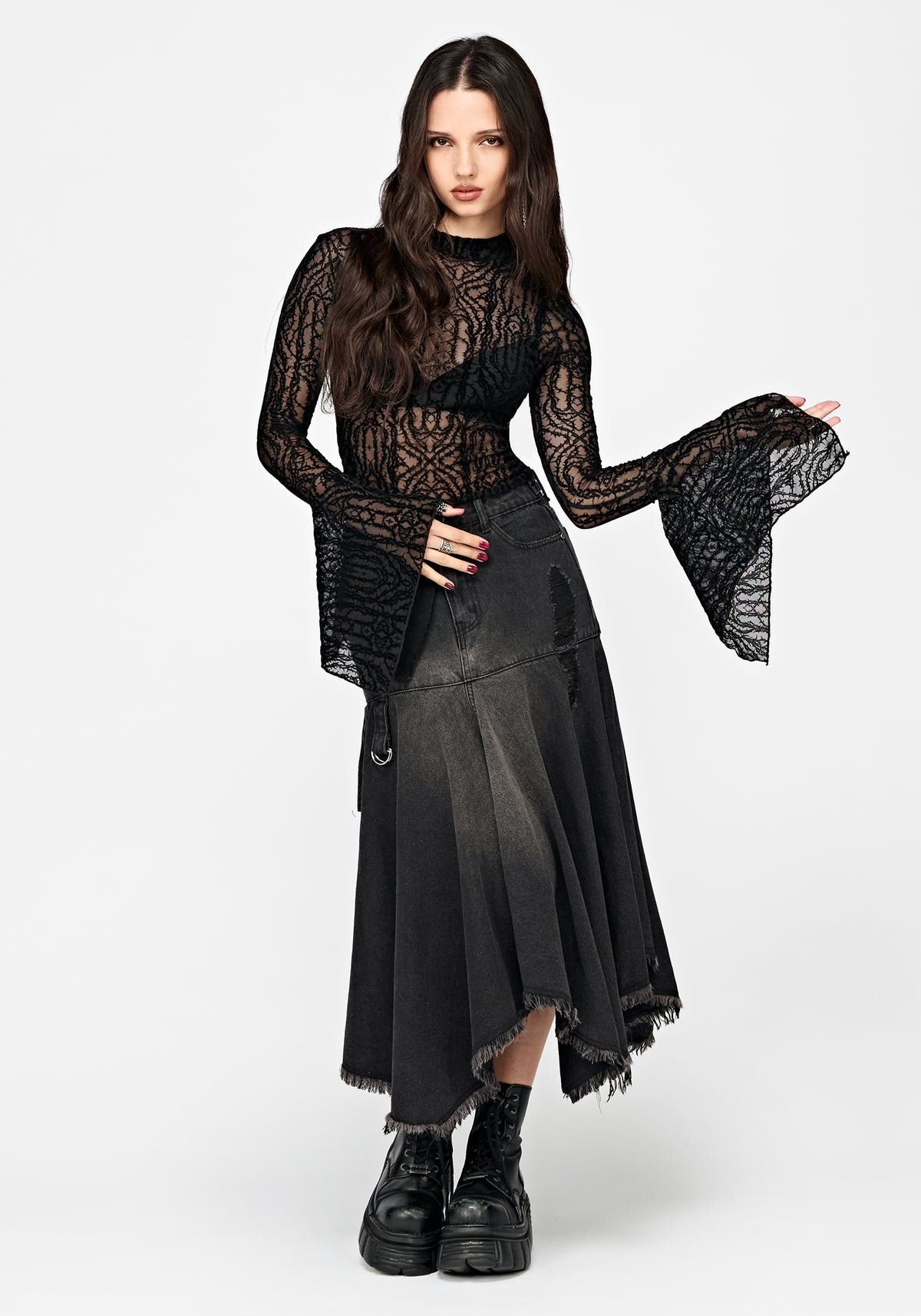 Riven Flock Fluted Sleeve Mesh Top