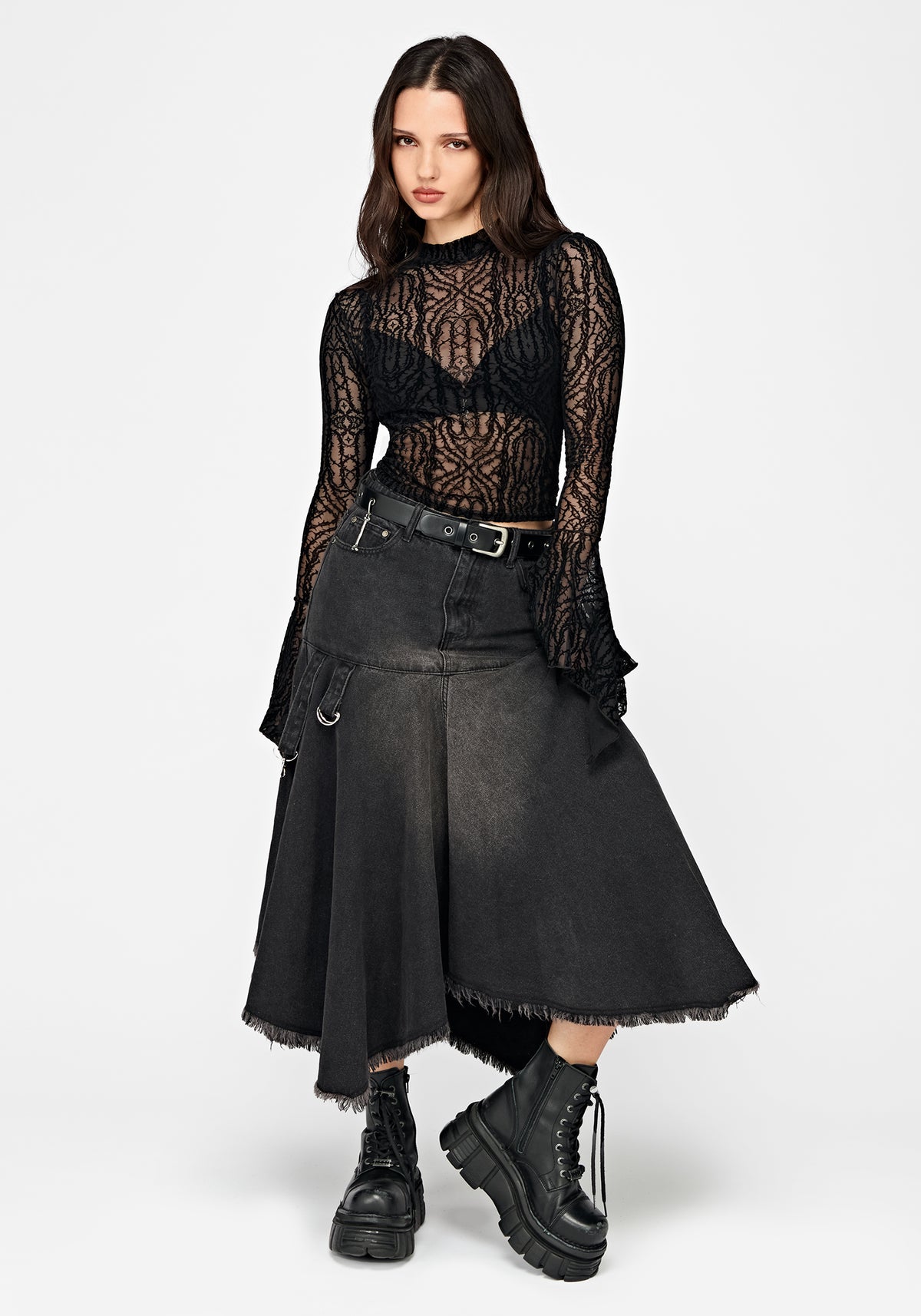 Riven Flock Fluted Sleeve Mesh Top