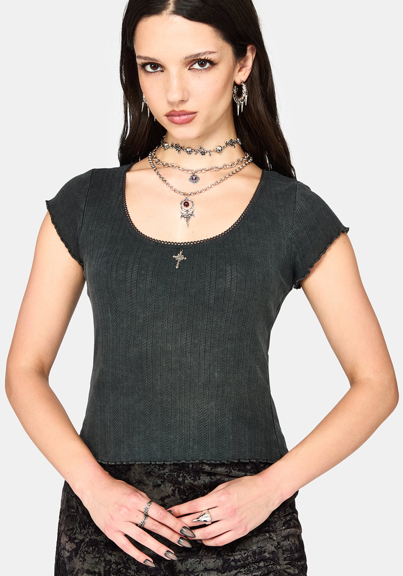 Lucera Short Sleeve Pointelle Scoop Neck Top