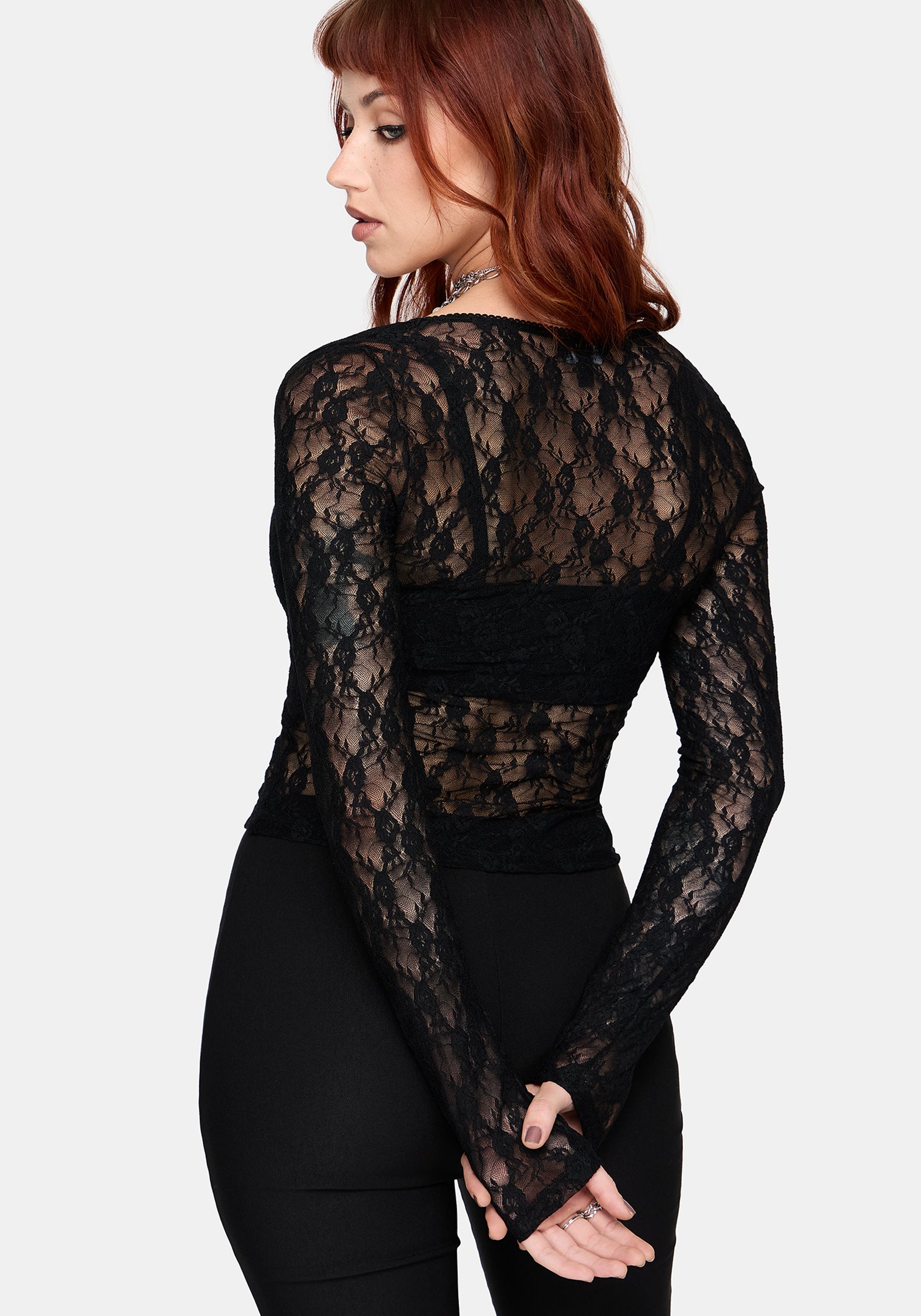Lucera Long Sleeve Lace Scoop Neck Top - Black