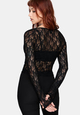 Lucera Long Sleeve Lace Scoop Neck Top - Black