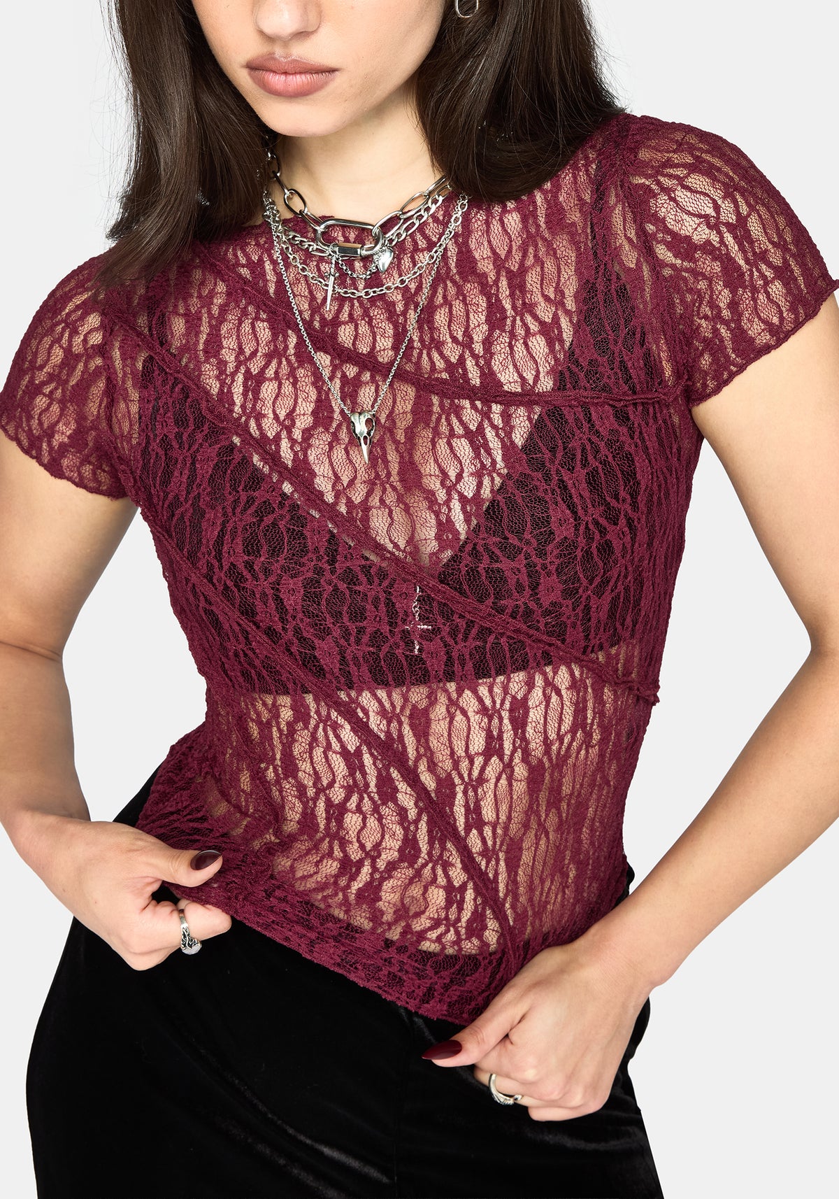 Suri Lace Kurzarm T-Shirt - Plum