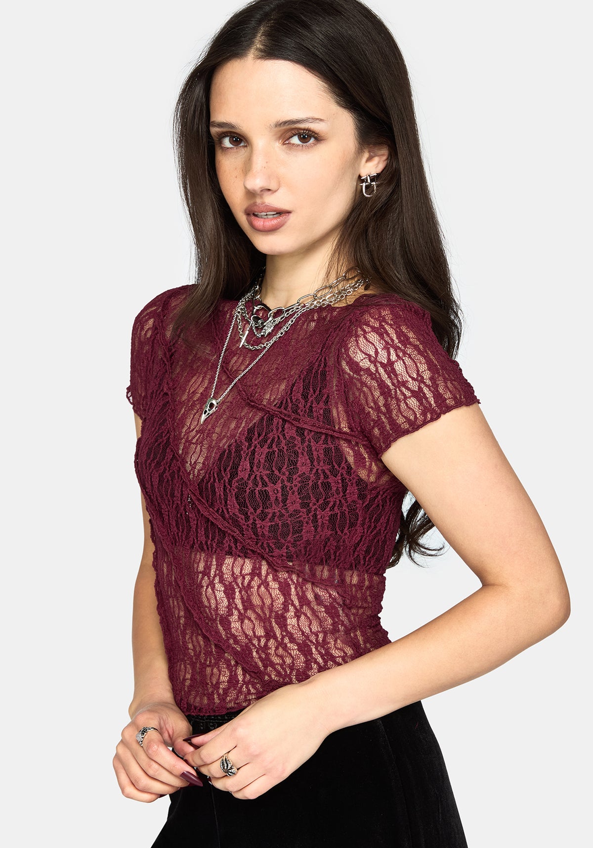 Suri Lace Kurzarm T-Shirt - Plum