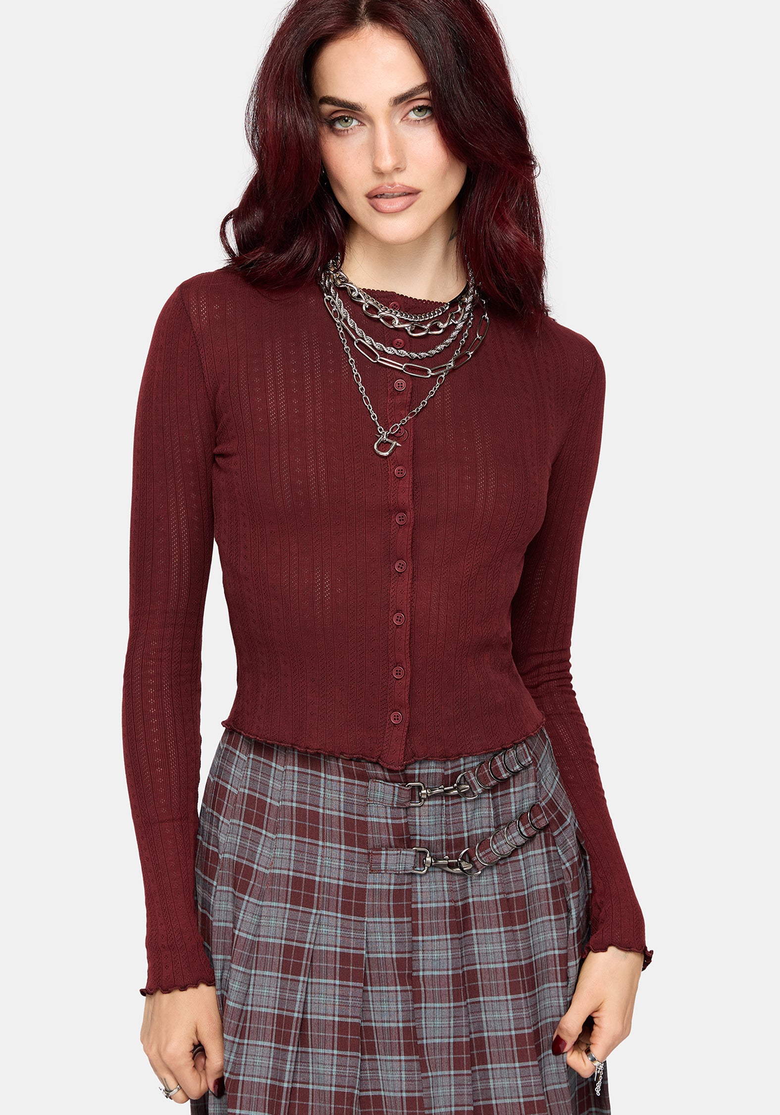 Lucera Pointelle Long Sleeve Cardigan - Red