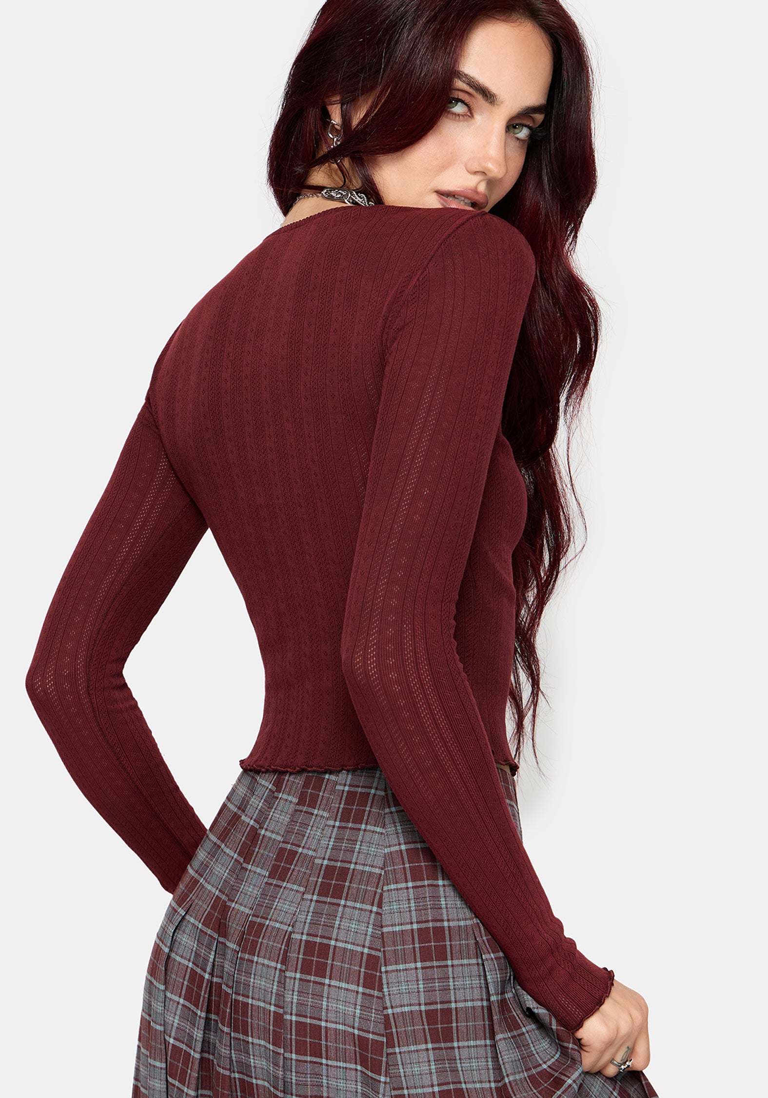 Lucera Pointelle Long Sleeve Cardigan - Red