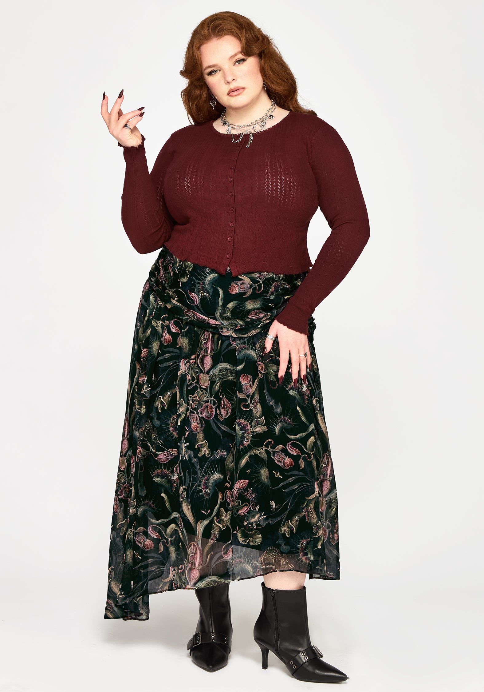 Lucera Pointelle Long Sleeve Cardigan - Red