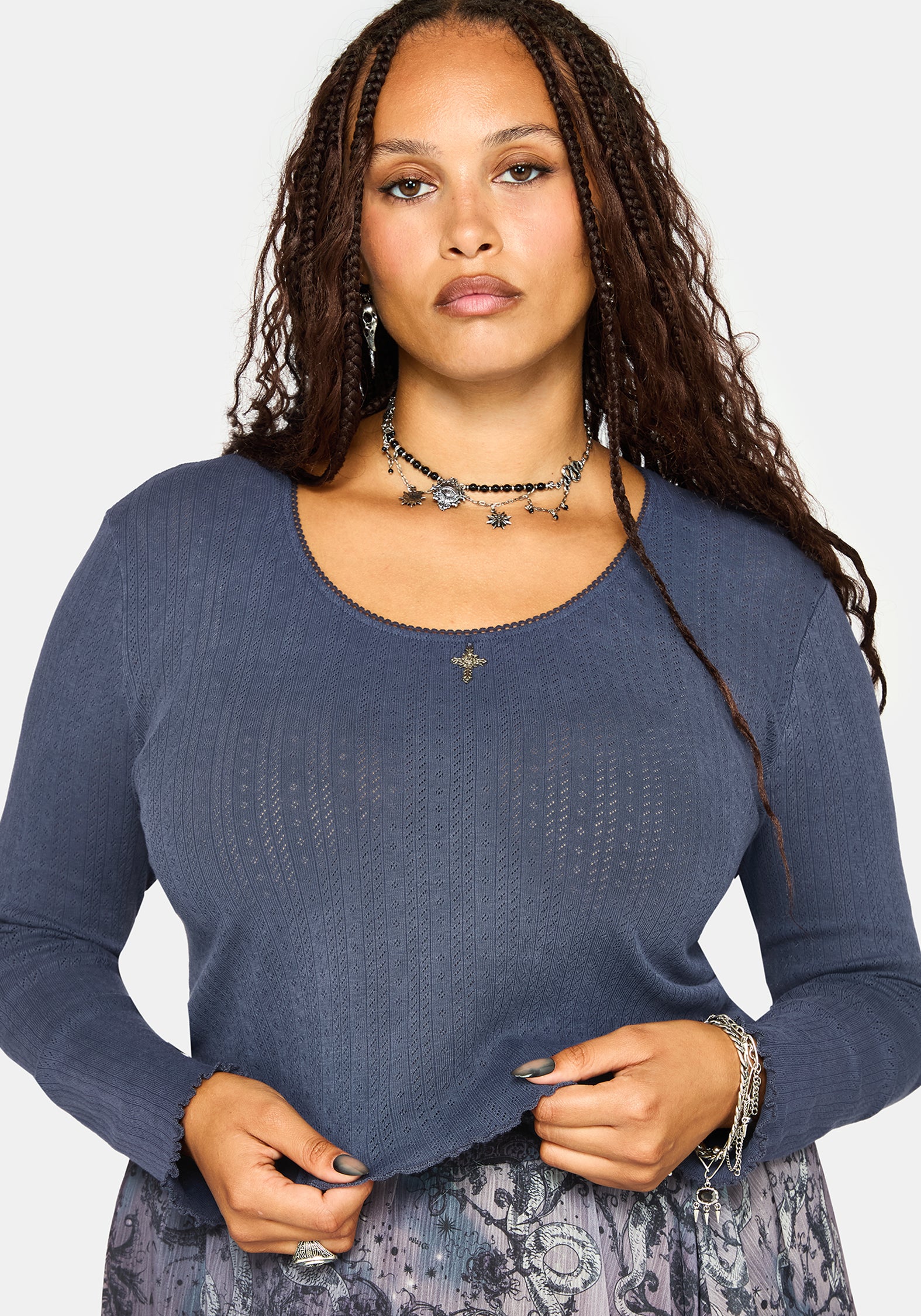 Lucera Long Sleeve Pointelle Scoop Neck Top - Blue
