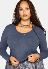 Lucera Long Sleeve Pointelle Scoop Neck Top - Blue