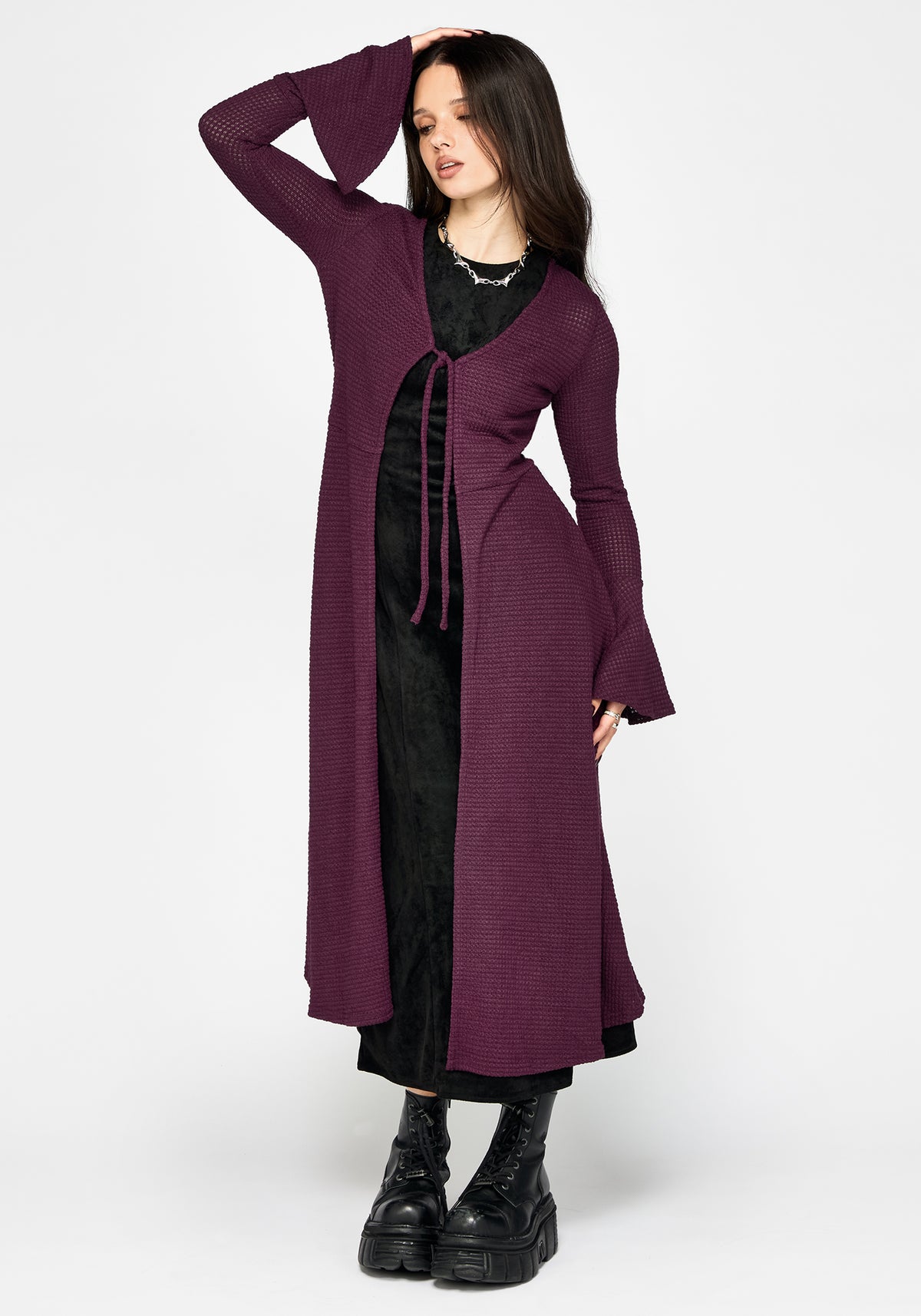 Xana Textured Tie Front Long Cardigan - Purple