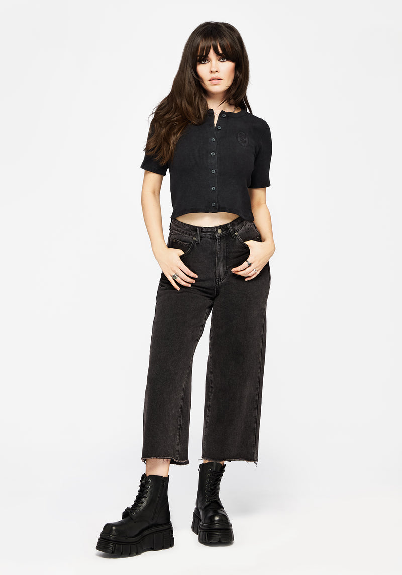 Faye Cotton-Blend Blumenmuster Bestickt Waffle Knopf Hoch Top