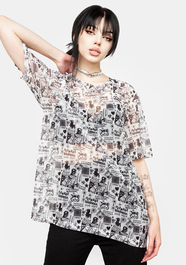 Riot Oversize Druck Mesh T-Shirt