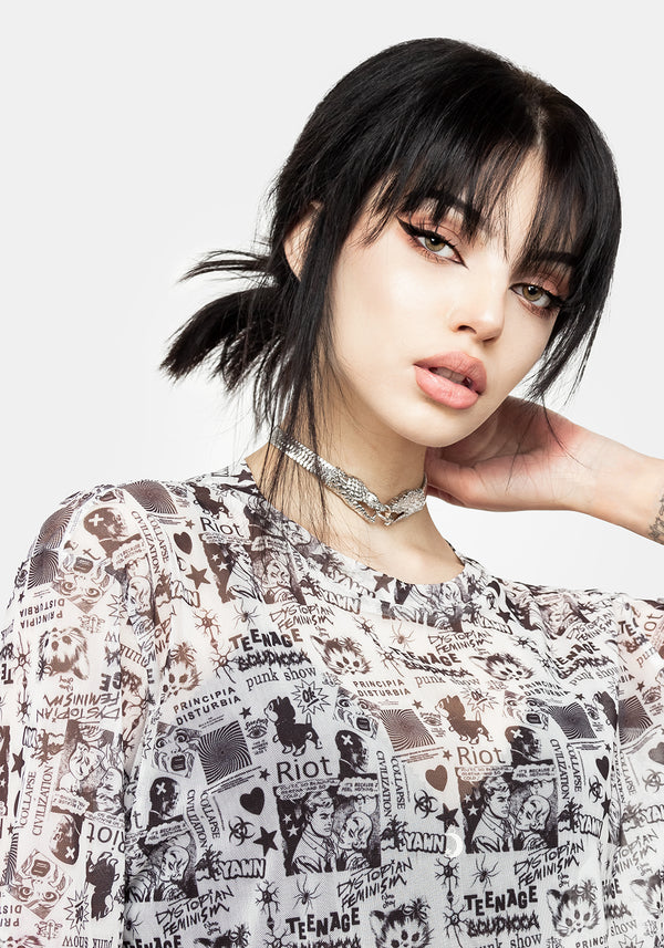 Riot Oversize Druck Mesh T-Shirt