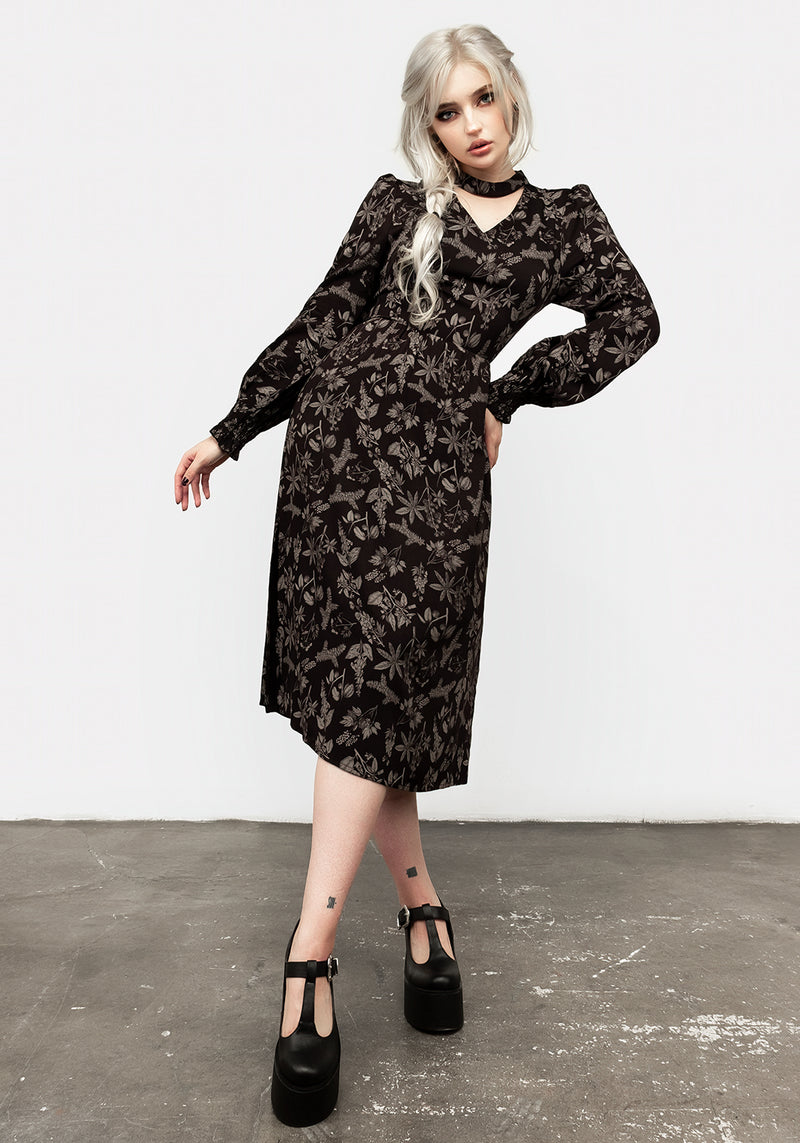 Poisonous Pflanze Puffärmel Ärmel Midi Kleid
