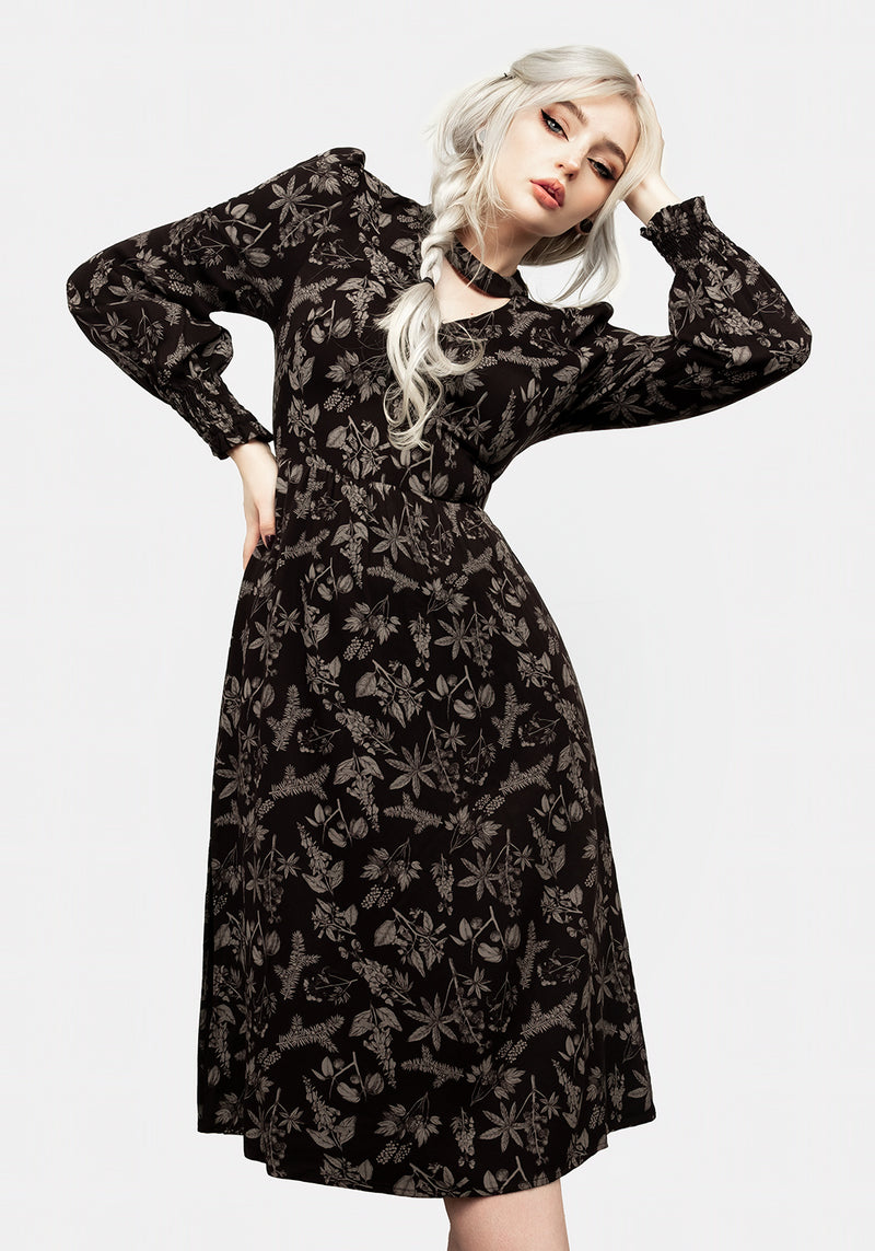 Poisonous Pflanze Puffärmel Ärmel Midi Kleid