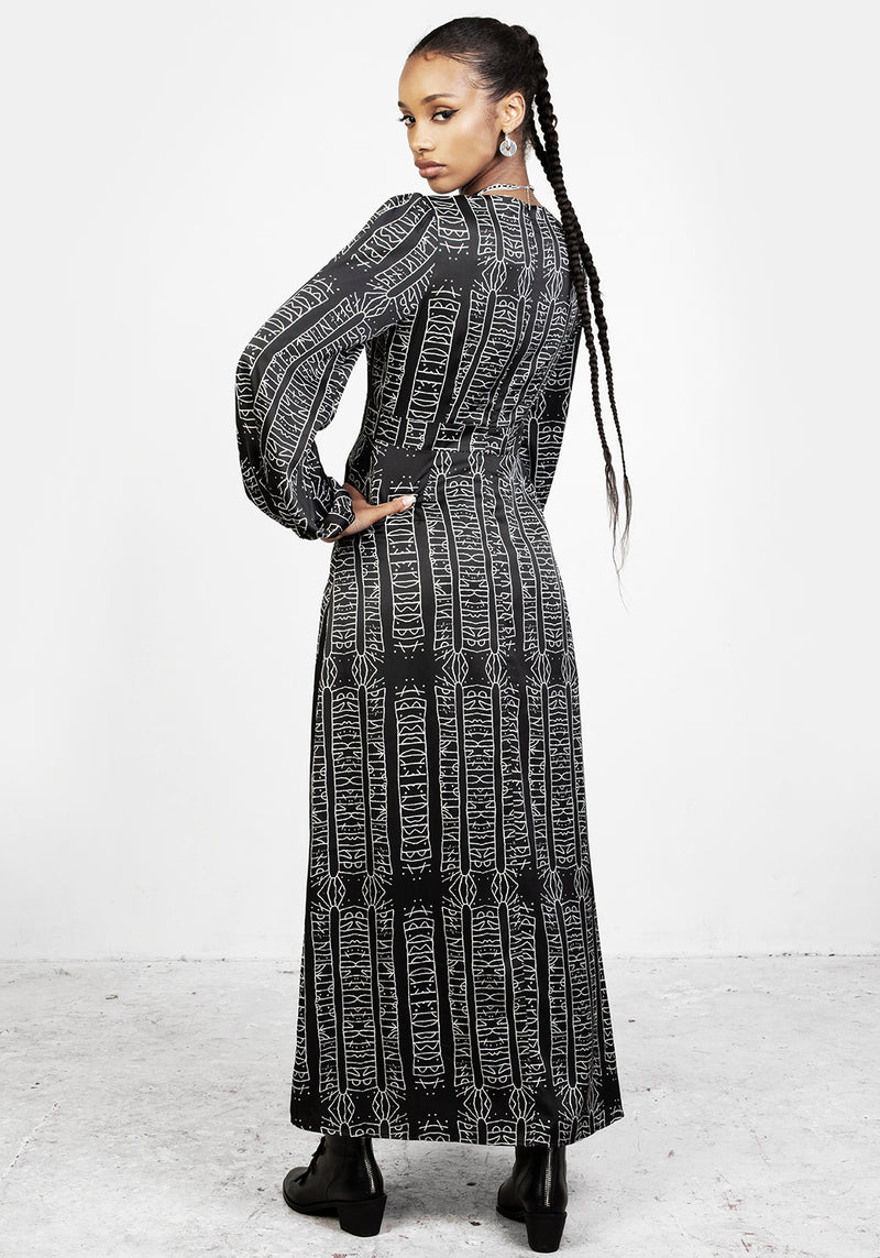 Runes Balloon Sleeve Maxi Dress