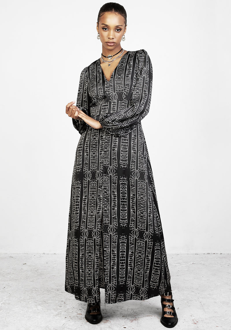Runes Balloon Sleeve Maxi Dress