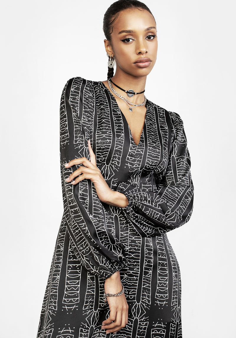 Runes Balloon Sleeve Maxi Dress
