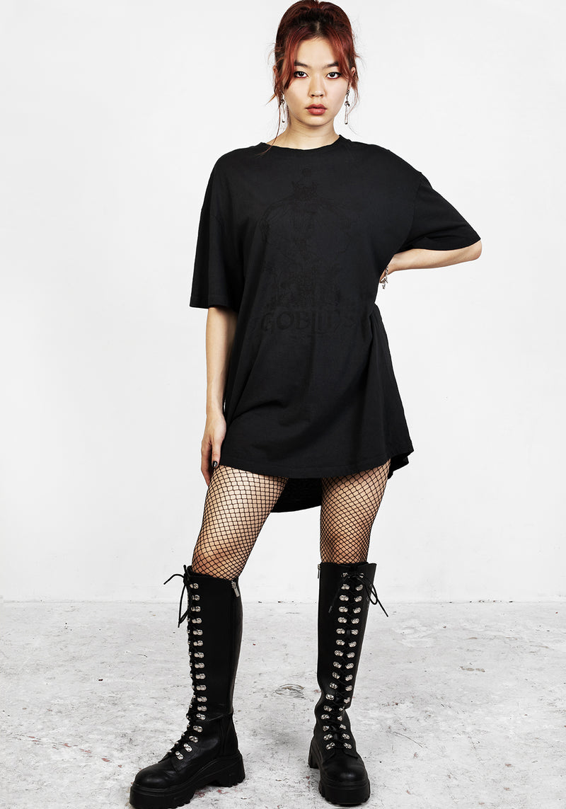 Goblins Schwarz Garment Washed Oversize T-Shirt Kleid
