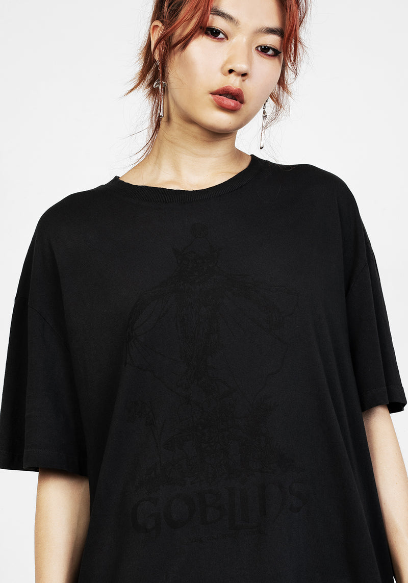 Goblins Schwarz Garment Washed Oversize T-Shirt Kleid