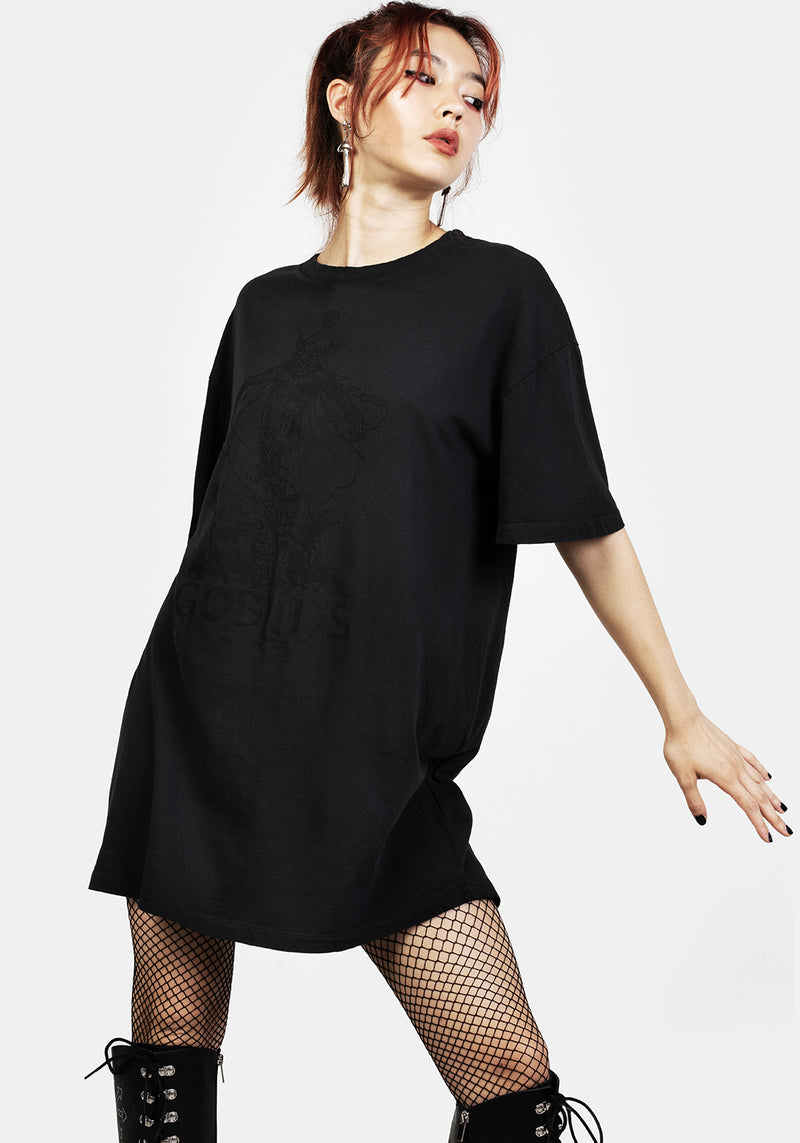 Goblins Schwarz Garment Washed Oversize T-Shirt Kleid