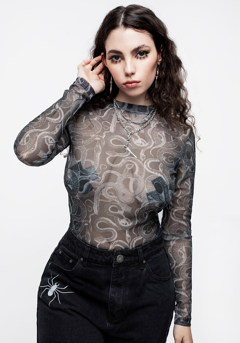 Serpente Druck Mesh Lang Ärmel Body