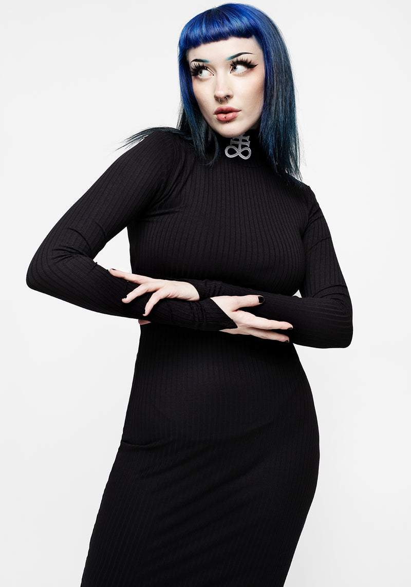 Leviathan Funnel Hals Rippe Midi Kleid