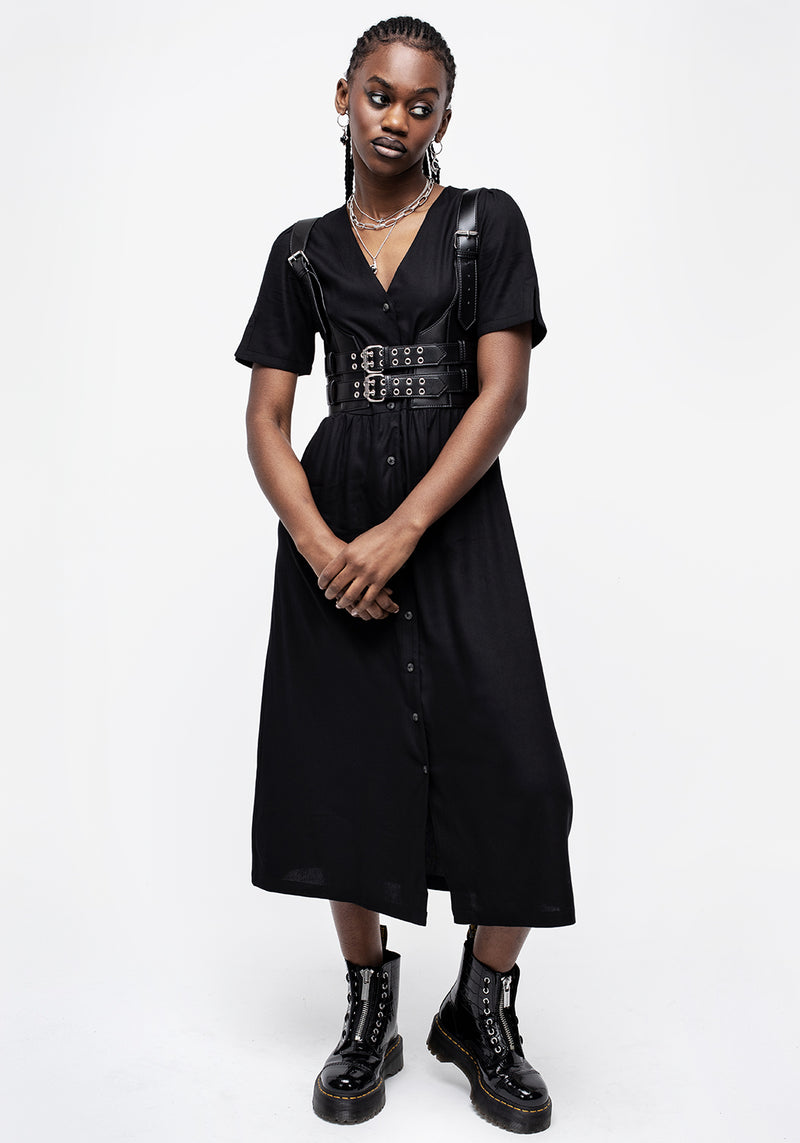 Realm Knopf Runter Midi Kleid - Mitternacht Schwarz