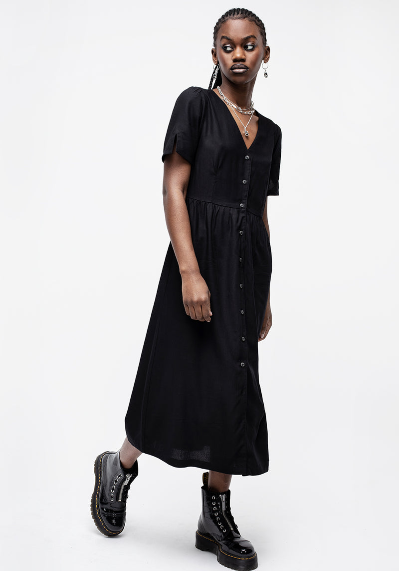 Realm Knopf Runter Midi Kleid - Mitternacht Schwarz
