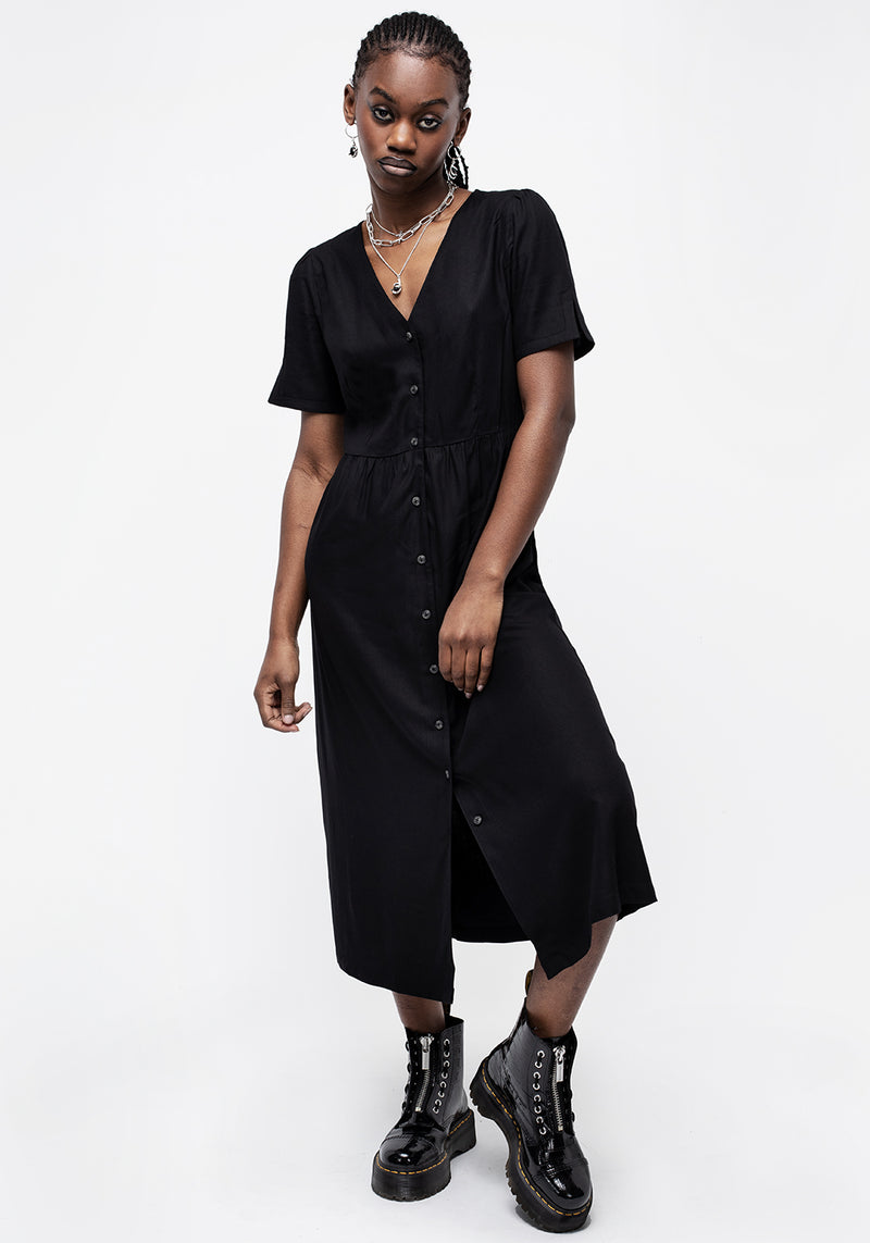 Realm Knopf Runter Midi Kleid - Mitternacht Schwarz