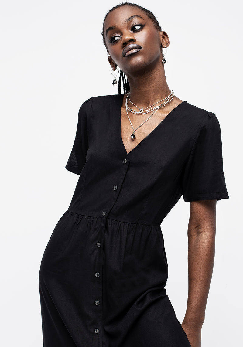 Realm Knopf Runter Midi Kleid - Mitternacht Schwarz