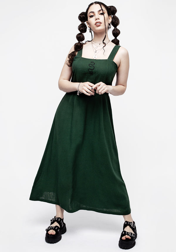 Basilisk Grün Leinen Mischung Midaxi-Kleid Kleid