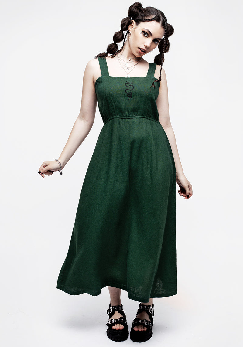 Basilisk Grün Leinen Mischung Midaxi-Kleid Kleid