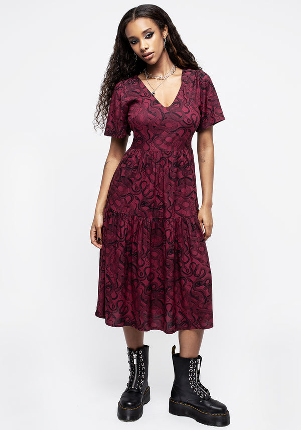 Ophidia Schlangen Druck Midi Kleid - Rot