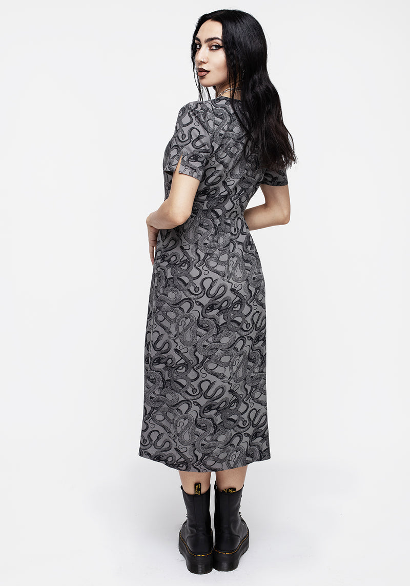 Ophidia Schlangen Druck Knopf Runter Midi Kleid -