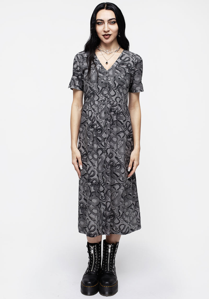 Ophidia Schlangen Druck Knopf Runter Midi Kleid -