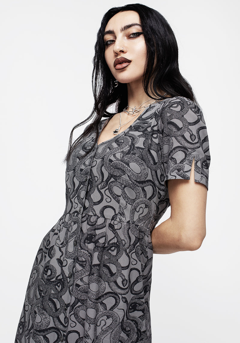 Ophidia Schlangen Druck Knopf Runter Midi Kleid -