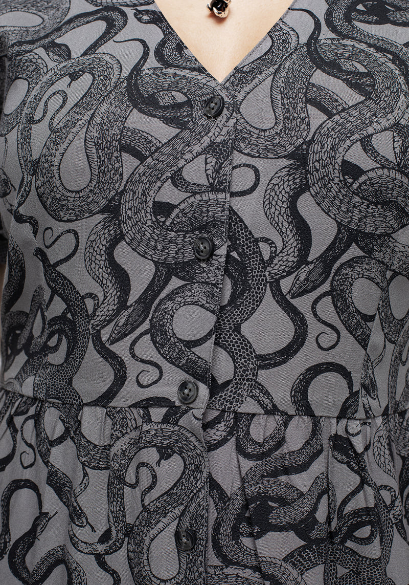 Ophidia Schlangen Druck Knopf Runter Midi Kleid -