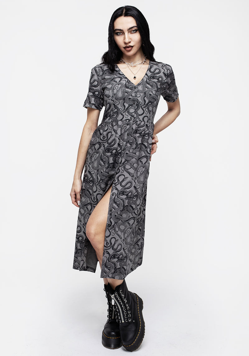 Ophidia Schlangen Druck Knopf Runter Midi Kleid -