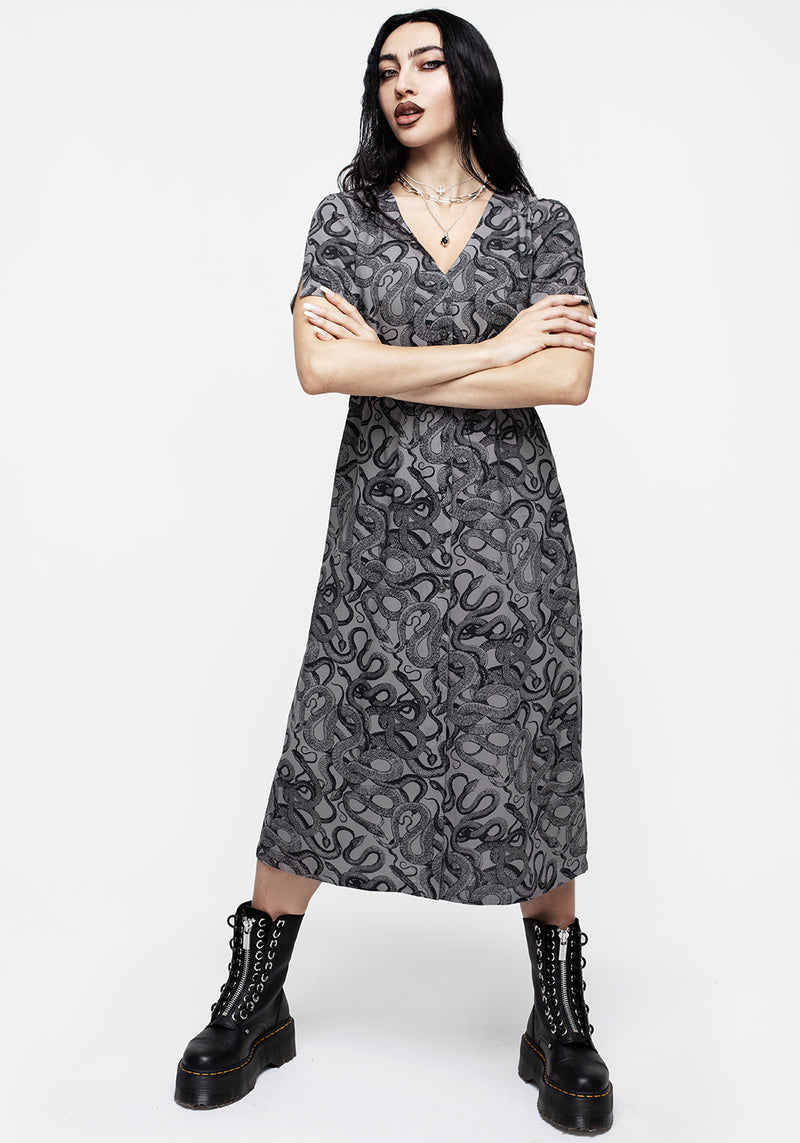 Ophidia Schlangen Druck Knopf Runter Midi Kleid -