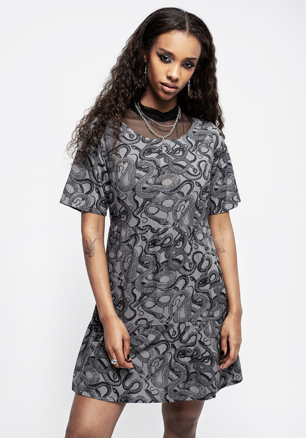 Ophidia Schlangen Druck Mini Rüsche Kleid Grau