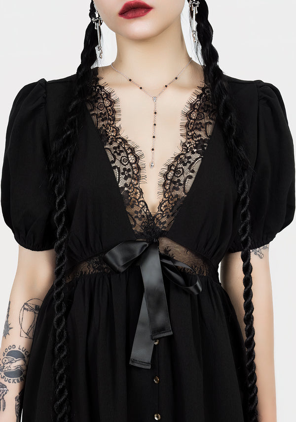 Mortuary Spitze Knopf Hoch Midi Kleid