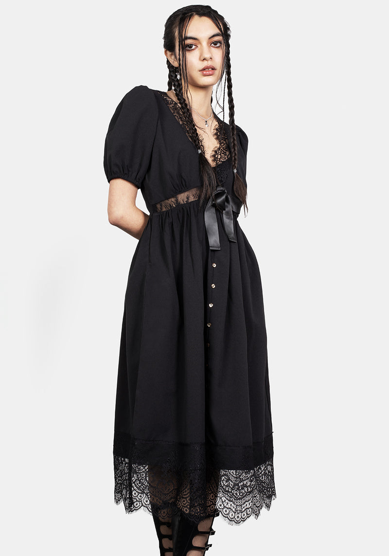 Mortuary Spitze Knopf Hoch Midi Kleid