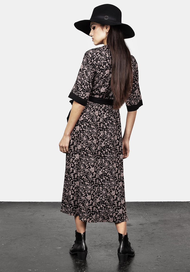 Mycophile Pilz Druck Wickel Midi Kleid