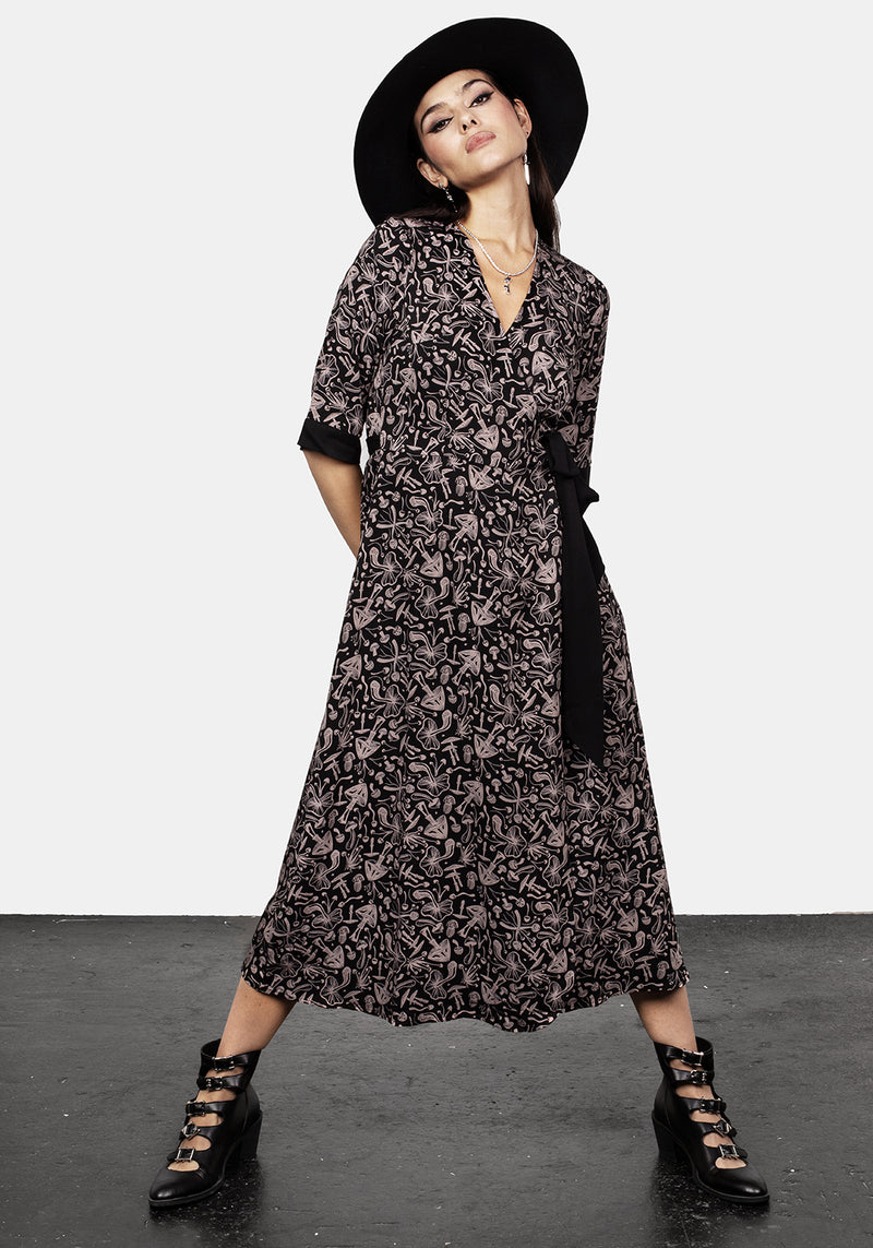 Mycophile Pilz Druck Wickel Midi Kleid