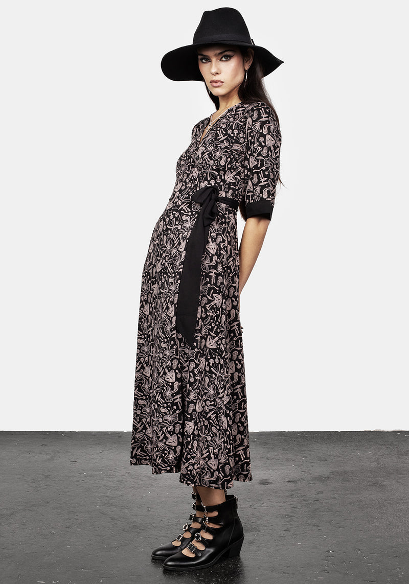 Mycophile Pilz Druck Wickel Midi Kleid