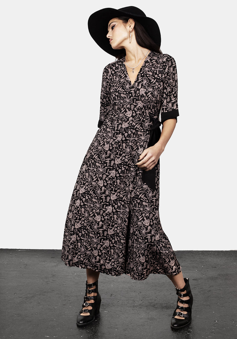 Mycophile Pilz Druck Wickel Midi Kleid